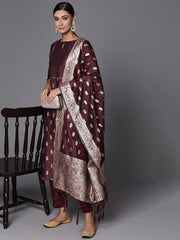 Women Deep Wine Zari Woven Kurta and Trouser with Dupatta - Inddus.com