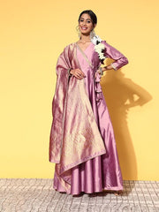 Women Dirty Pink Woven Design Tie up Anarkali Kurta with Dupatta - Inddus.com