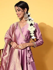 Women Dirty Pink Woven Design Tie up Anarkali Kurta with Dupatta - Inddus.com