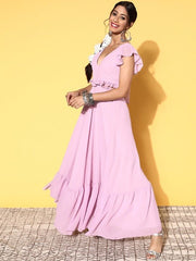 Women Elegant Lavender Georgette Ruffled Ethnic Dress - Inddus.com