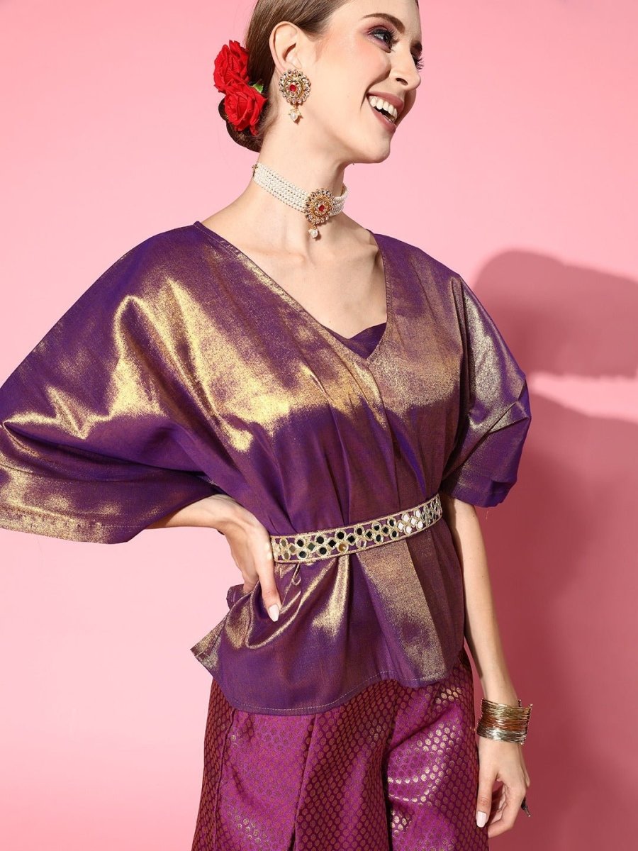 Women Elegant Purple Solid Top With Palazzos - Inddus.com