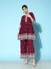 Women Embroidered Pleated Thread Work Kurta with Palazzos - Inddus.com