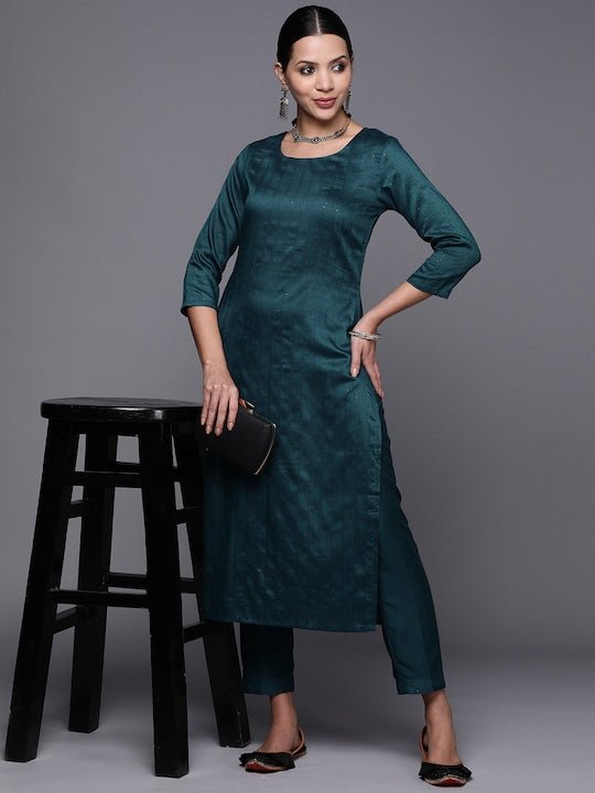 Women Embroidered Sequinned Kurta With Trousers - Inddus.com