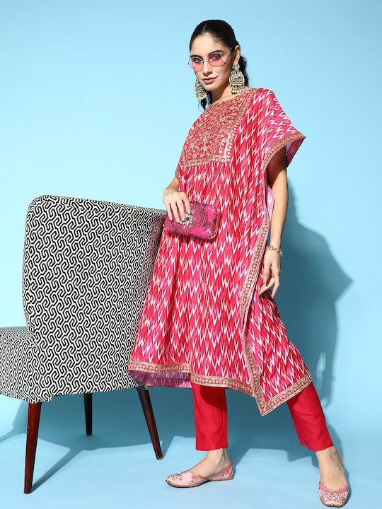 Women Embroidered Thread Work Kaftan Kurta With Trousers - Inddus.com