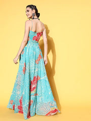 Women Enchanting Sea Green Polyester Elevated Gown - Inddus.com