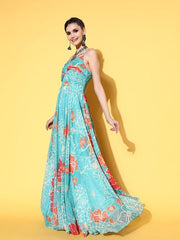 Women Enchanting Sea Green Polyester Elevated Gown - Inddus.com