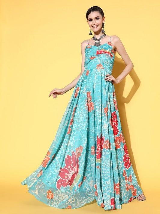Women Enchanting Sea Green Polyester Elevated Gown - Inddus.com