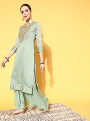 Women Ethnic Motifs Chanderi Cotton Ethereal Embroidery Kurta Set - Inddus.com