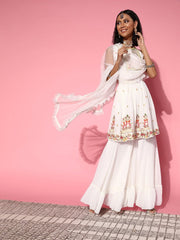 Women Ethnic Motifs Poly-Georgette Ethereal Embroidery Kurta Set - Inddus.com