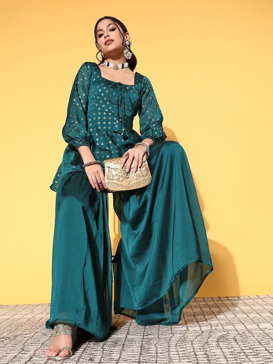 Women Ethnic Motifs Silk Blend Fluid Tie-Up Kurta Set - Inddus.com