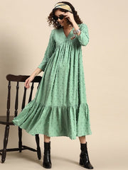 Women Fit and Flared Tiered Dobby Midi Dress - Inddus.com