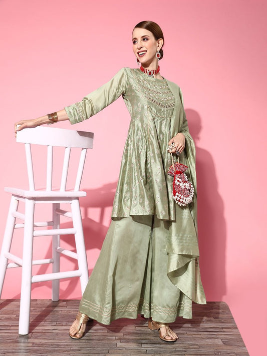Women Floral Chanderi Silk Ethereal Embroidery Kurta Set - Inddus.com