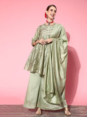Women Floral Chanderi Silk Ethereal Embroidery Kurta Set - Inddus.com