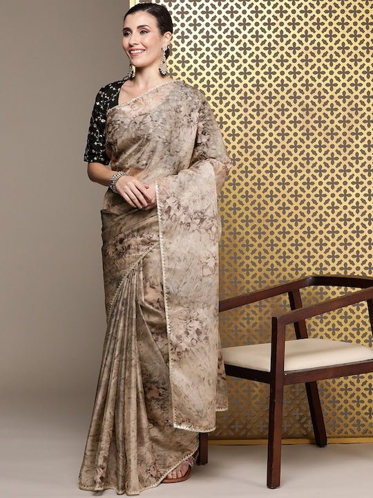Women Floral Digital Printed Saree with Zari Embroidered Blouse Piece - Inddus.com