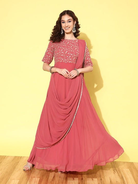 Women Floral Embroidered Draped Maxi Dress - Inddus.com