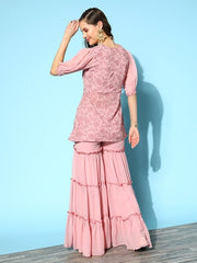 Women Floral Embroidered High Slit Sequinned Kurta with Sharara - Inddus.com