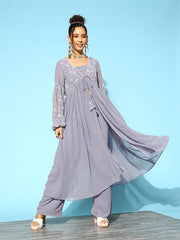 Women Floral Embroidered High Slit Thread Work Kurta with Trousers - Inddus.com