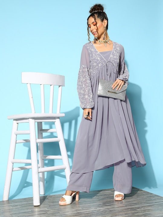 Women Floral Embroidered High Slit Thread Work Kurta with Trousers - Inddus.com