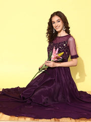 Women Floral Embroidered Pleated Maxi Dress - Inddus.com