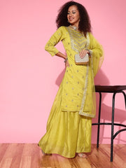 Women Floral Embroidered Regular Chanderi Cotton Kurta with Palazzos & With Dupatta - Inddus.com