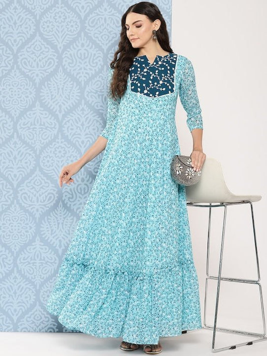 Women Floral Embroidered Sequined Georgette Maxi Dress - Inddus.com