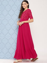Women Floral Embroidered Sequined Georgette Maxi Dress - Inddus.com