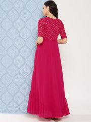 Women Floral Embroidered Sequined Georgette Maxi Dress - Inddus.com