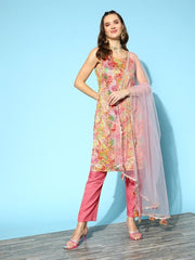 Women Floral Embroidered Thread Work Kurta with Trousers & With Dupatta - Inddus.com