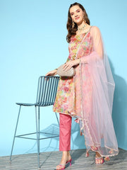 Women Floral Embroidered Thread Work Kurta with Trousers & With Dupatta - Inddus.com