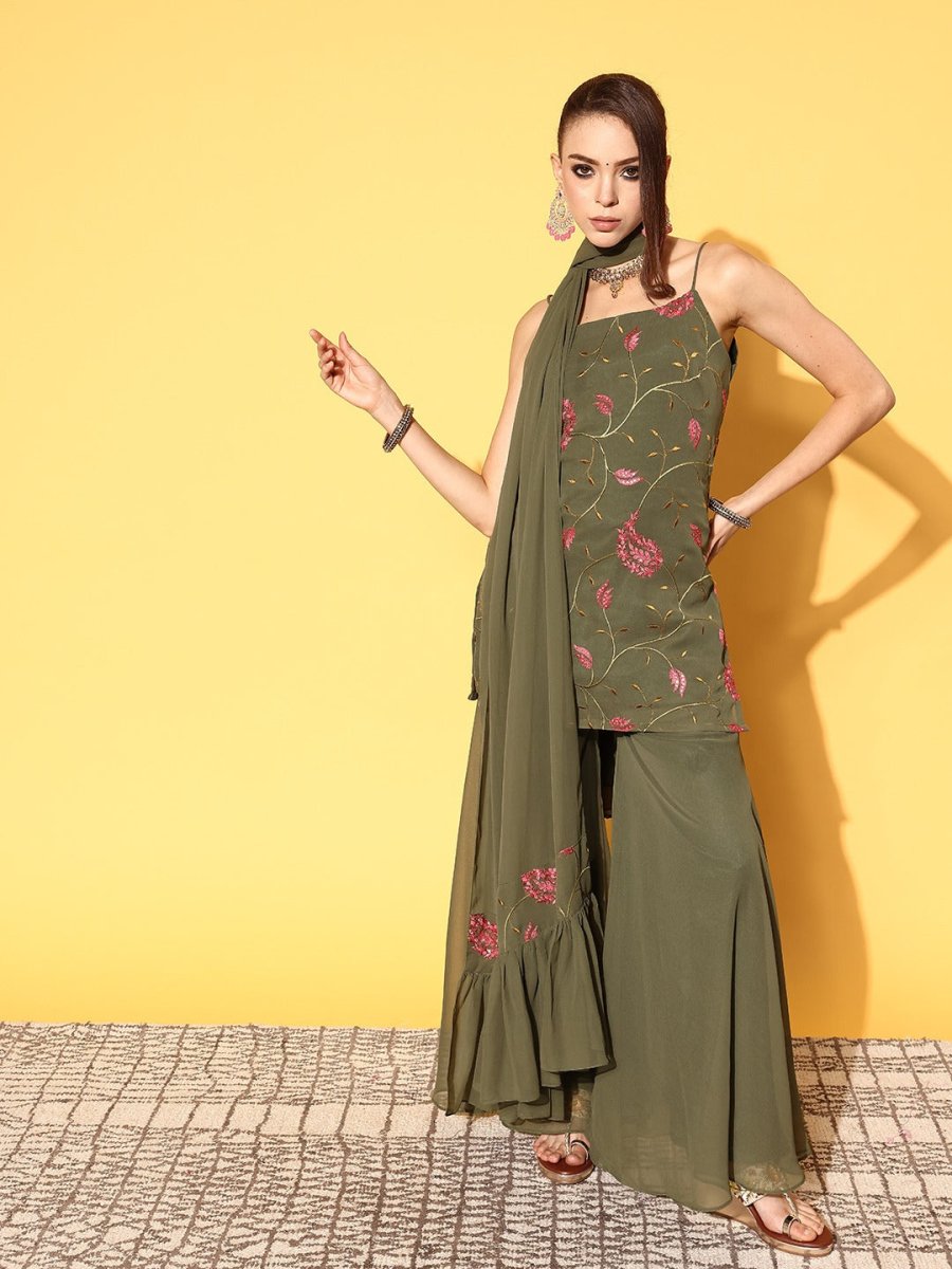 Women Floral Poly Georgette Ethereal Embroidery Kurta Set - Inddus.com