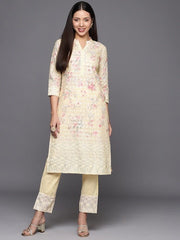 Women Floral Print with Embroidery Chikankari Cotton Kurta with Trousers - Inddus.com