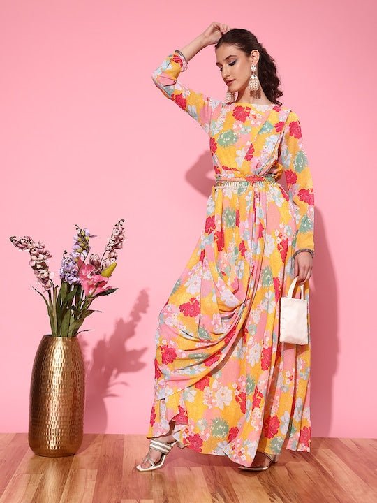 Women Floral Printed Belted Dress - Inddus.com