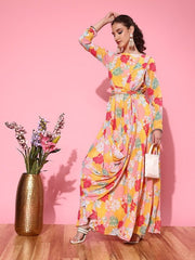 Women Floral Printed Belted Dress - Inddus.com