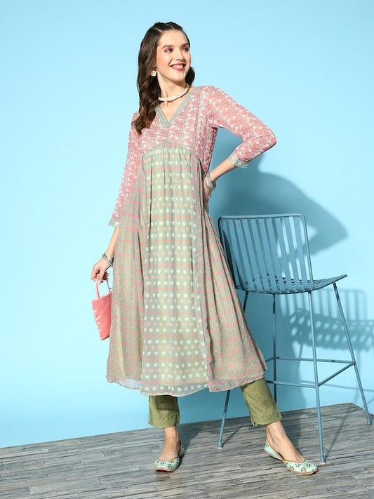 Women Floral Printed Gotta Patti Kurta with Trousers - Inddus.com