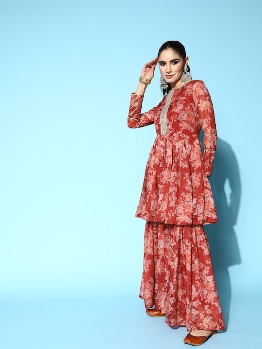 Women Floral Printed Gotta Patti Kurti With Sharara - Inddus.com