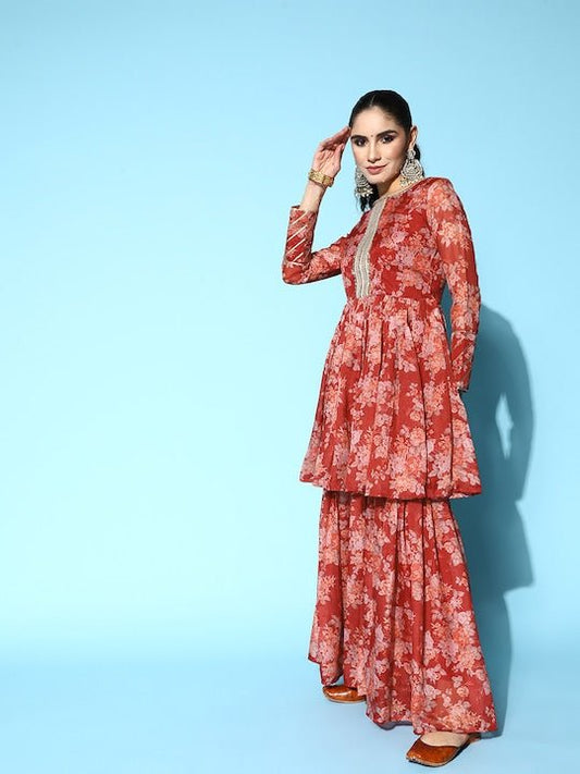 Women Floral Printed Gotta Patti Kurti With Sharara - Inddus.com