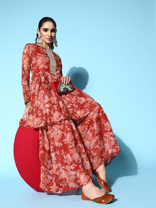 Women Floral Printed Gotta Patti Kurti With Sharara - Inddus.com