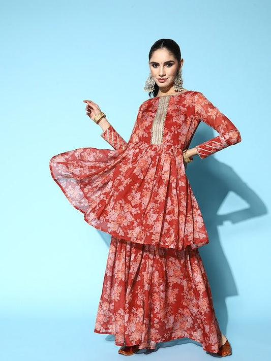 Women Floral Printed Gotta Patti Kurti With Sharara - Inddus.com
