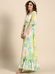 Women Floral Printed Maxi Dress with Embroidered Belt - Inddus.com