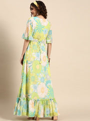 Women Floral Printed Maxi Dress with Embroidered Belt - Inddus.com