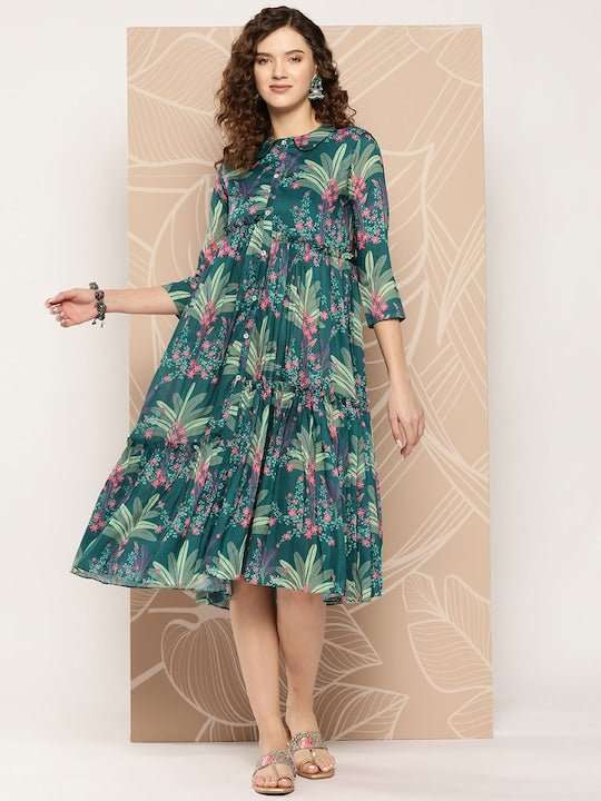 Women Floral Printed Ruffle A-Line Midi Dress Women Floral Printed Ruffle A-Line Midi Dress