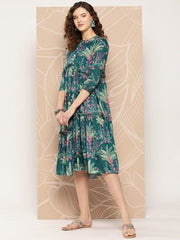 Women Floral Printed Ruffle A-Line Midi Dress - Inddus.com