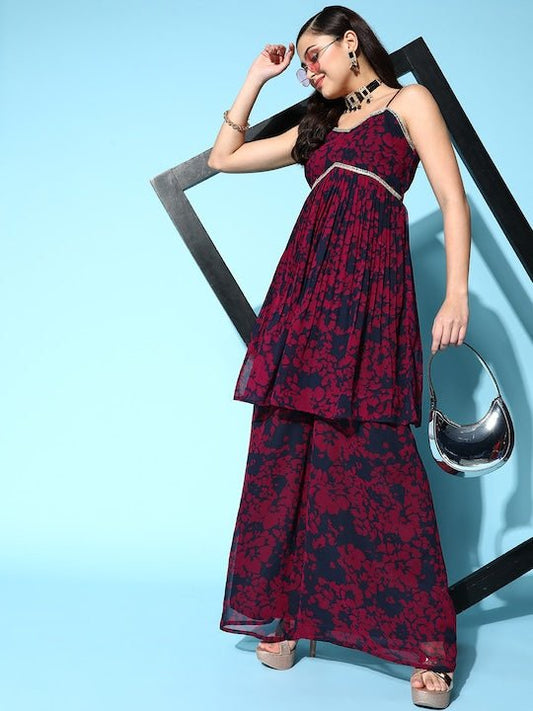 Women Floral Printed Thread Work Kurti With Palazzos - Inddus.com