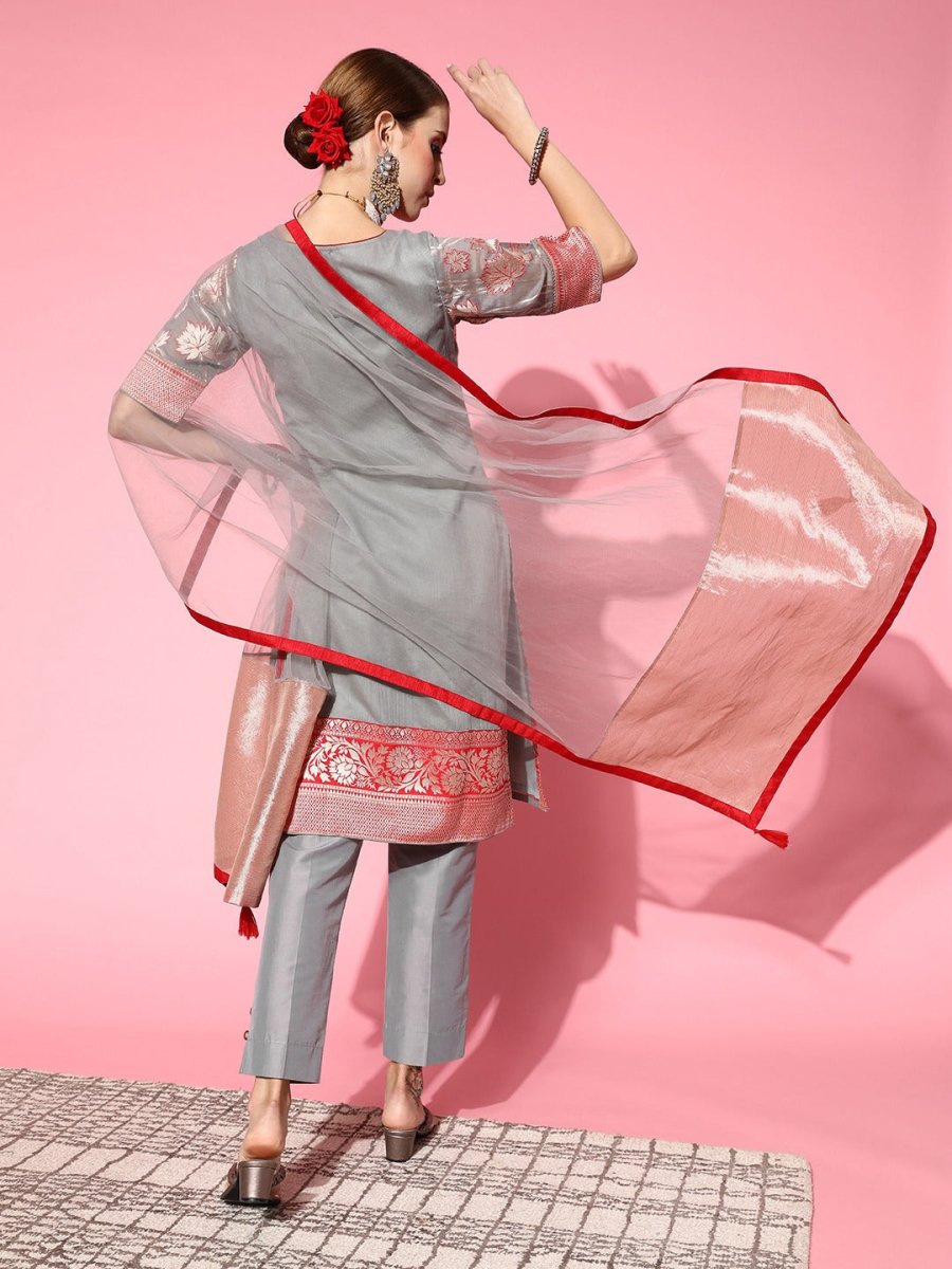 Women Floral Silk Blend Ethereal Embroidery Kurta Set - Inddus.com