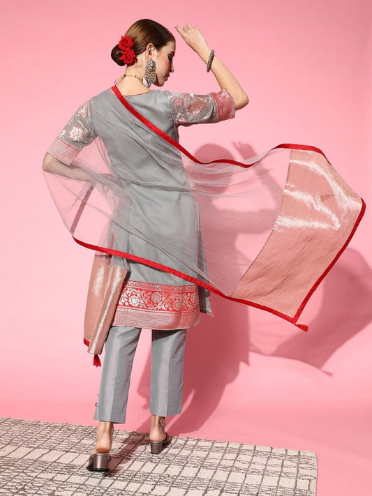 Women Floral Silk Blend Ethereal Embroidery Kurta Set - Inddus.com