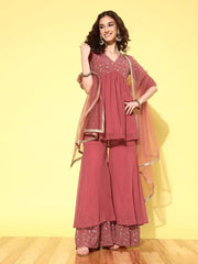 Women Floral Yoke Design Pleated Sequinned Kurti with Sharara & With Dupatta - Inddus.com