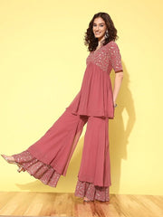 Women Floral Yoke Design Pleated Sequinned Kurti with Sharara & With Dupatta - Inddus.com