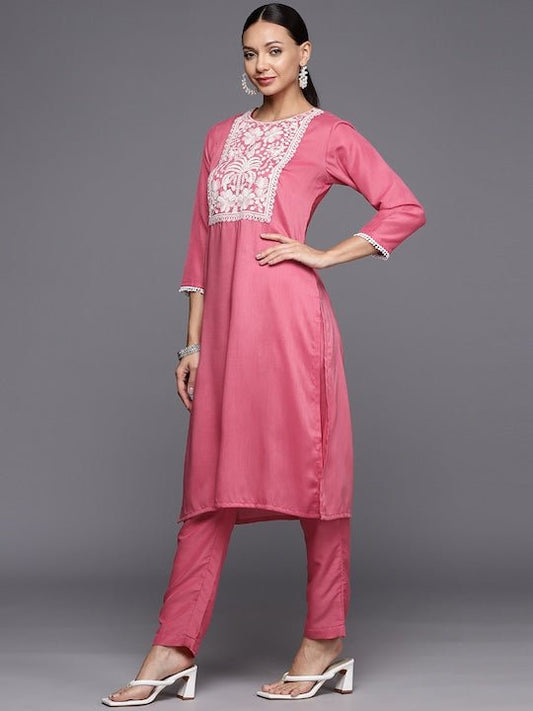Women Floral Yoke Design Regular Thread Work Kurta with Trousers - Inddus.com
