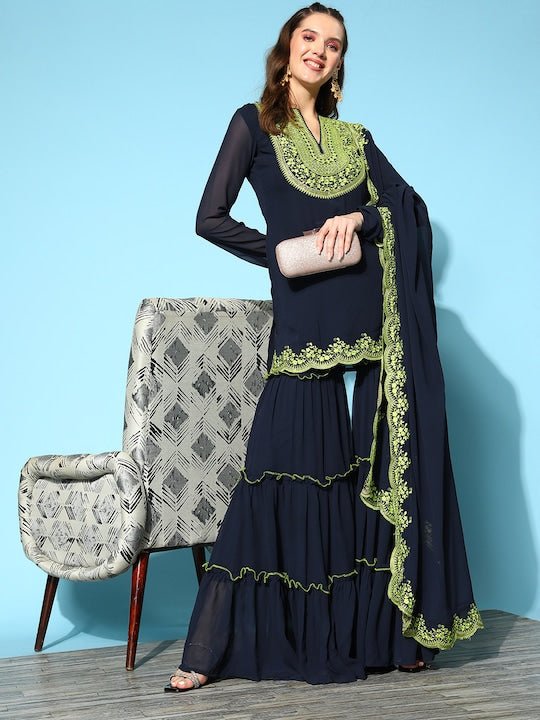 Women Floral Yoke Design Thread Work Kurti With Sharara & With Dupatta - Inddus.com