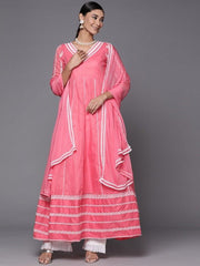 Women Gajri Pink Embroidered Thread Work Kurta with Dupatta - Inddus.com